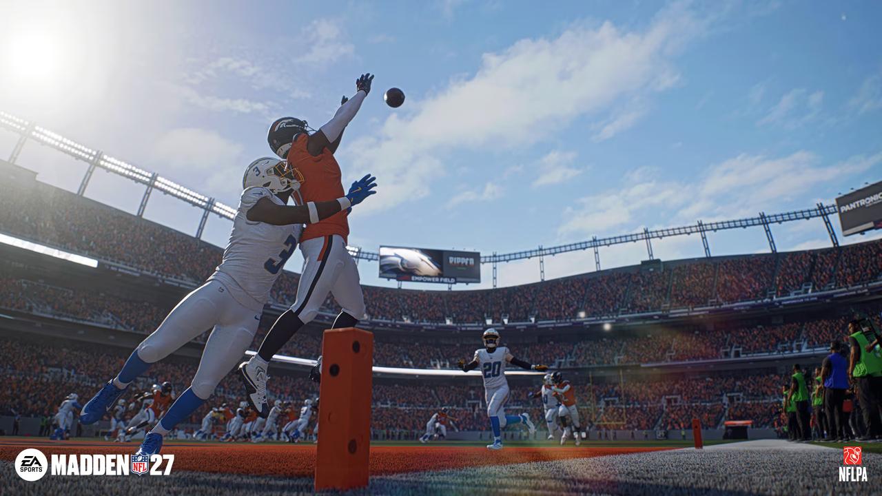 Madden NFL 27 gameplay showing a receiver reaching for an end-zone pass as a defender contests the catch.