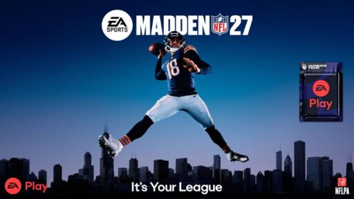 Madden NFL 27 promotional artwork featuring a Chicago football player and EA Play branding.