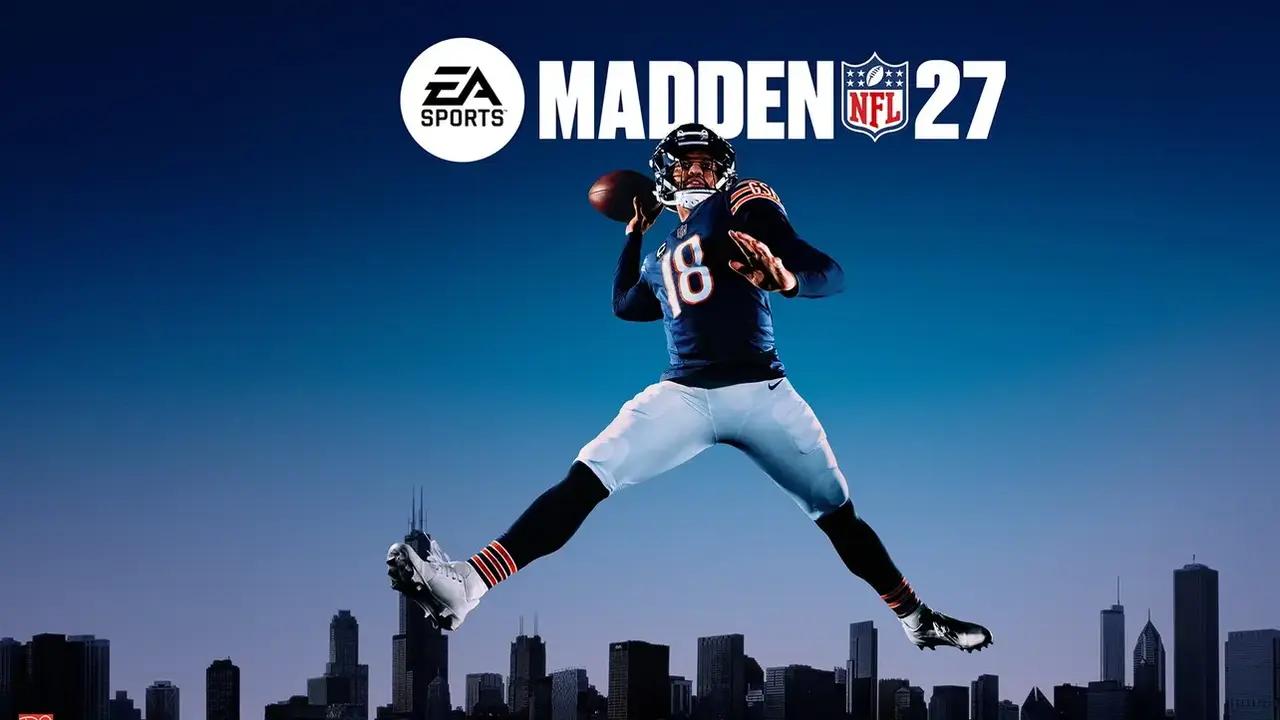 Madden NFL 27 key art featuring Chicago Bears quarterback Caleb Williams above the Chicago skyline.