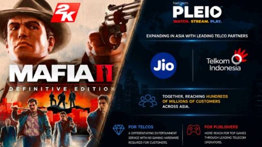 Mafia II: Definitive Edition artwork beside PLEIO, Jio, and Telkom Indonesia logos promoting Netgem’s expansion in Asia.