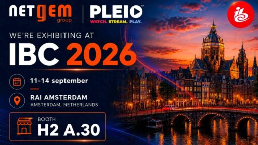 Netgem and PLEIO IBC 2026 graphic showing the September 11 to 14 event at RAI Amsterdam.