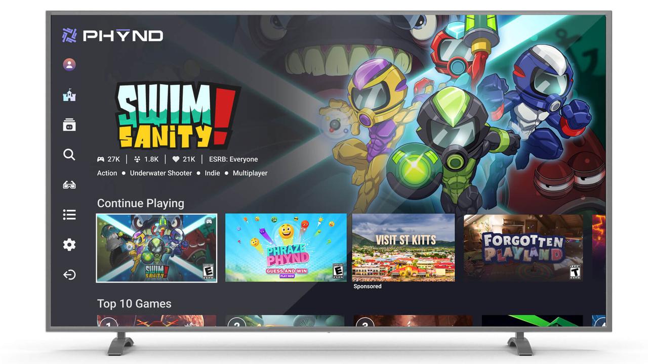PHYND cloud gaming interface on a Smart TV with a sponsored Visit St. Kitts tile among the game listings.