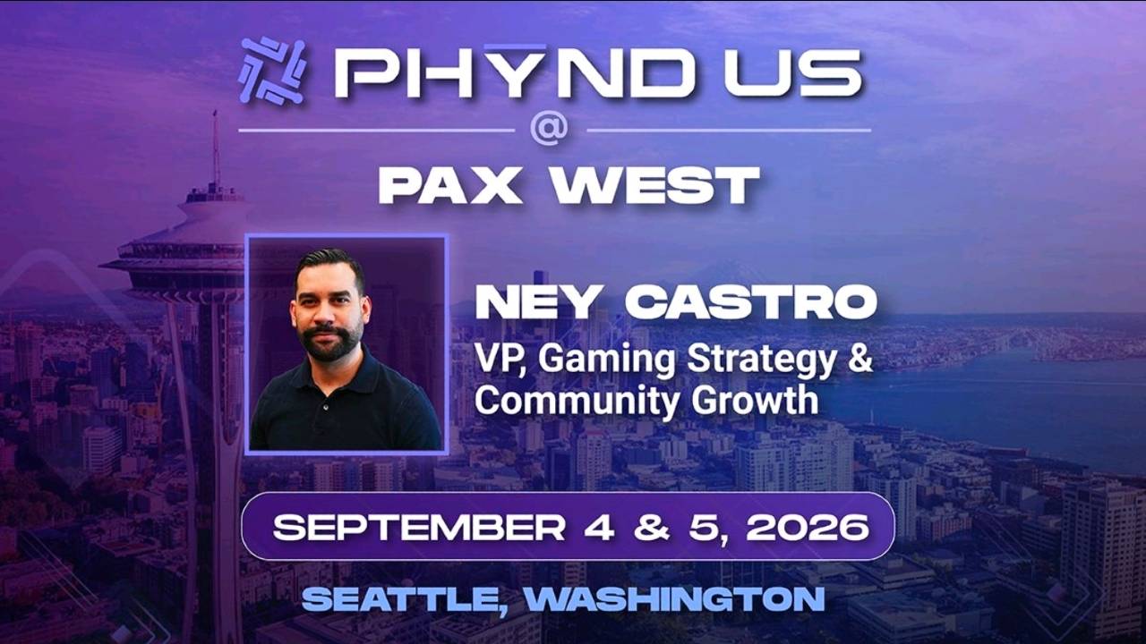 PHYND promotional graphic for PAX West 2026 with a portrait beside text naming Ney Castro and his gaming strategy role.