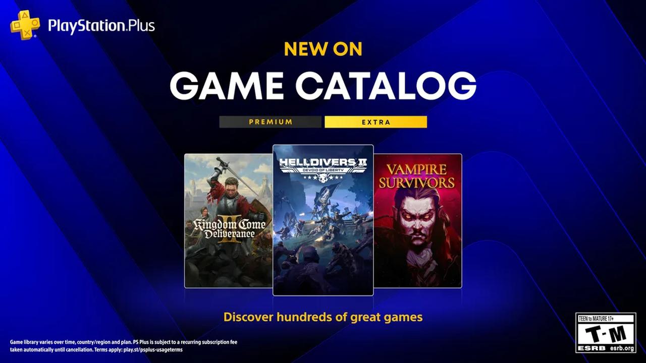 PlayStation Plus Game Catalog for August 2026 featuring Kingdom Come: Deliverance II, Helldivers 2, and Vampire Survivors.