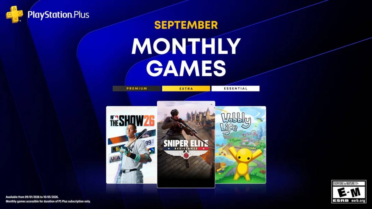 PlayStation Plus September 2026 Monthly Games featuring MLB The Show 26, Sniper Elite: Resistance, and Wobbly Life.