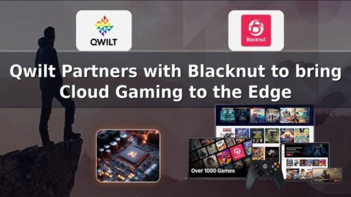Qwilt and Blacknut logos with cloud gaming devices and text announcing their cloud gaming partnership at the network edge.