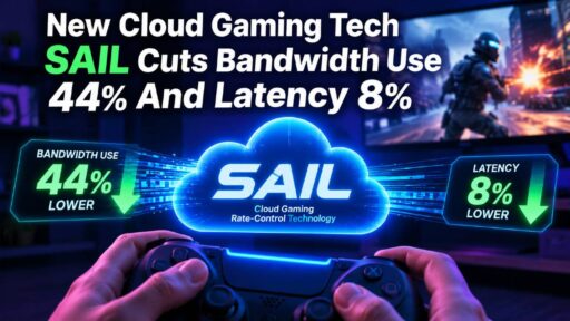 SAIL cloud gaming technology graphic showing 44% lower bandwidth use and 8% lower latency.