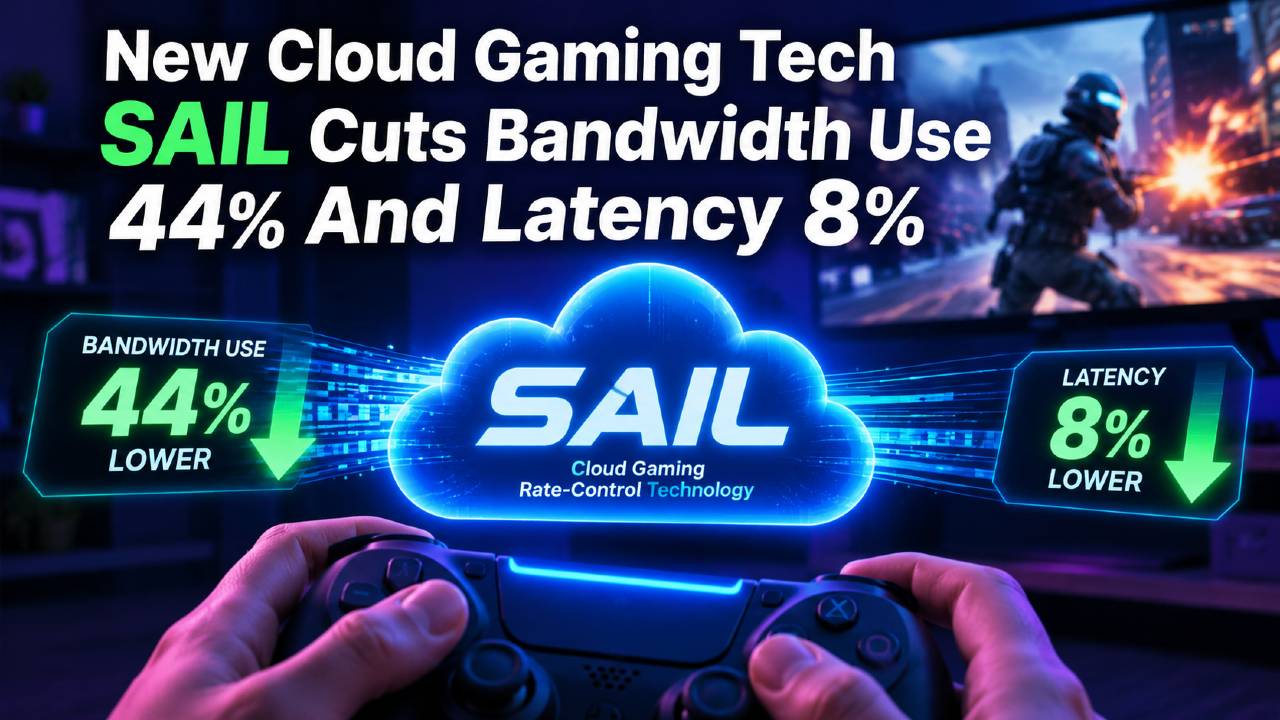 SAIL cloud gaming technology graphic showing 44% lower bandwidth use and 8% lower latency.