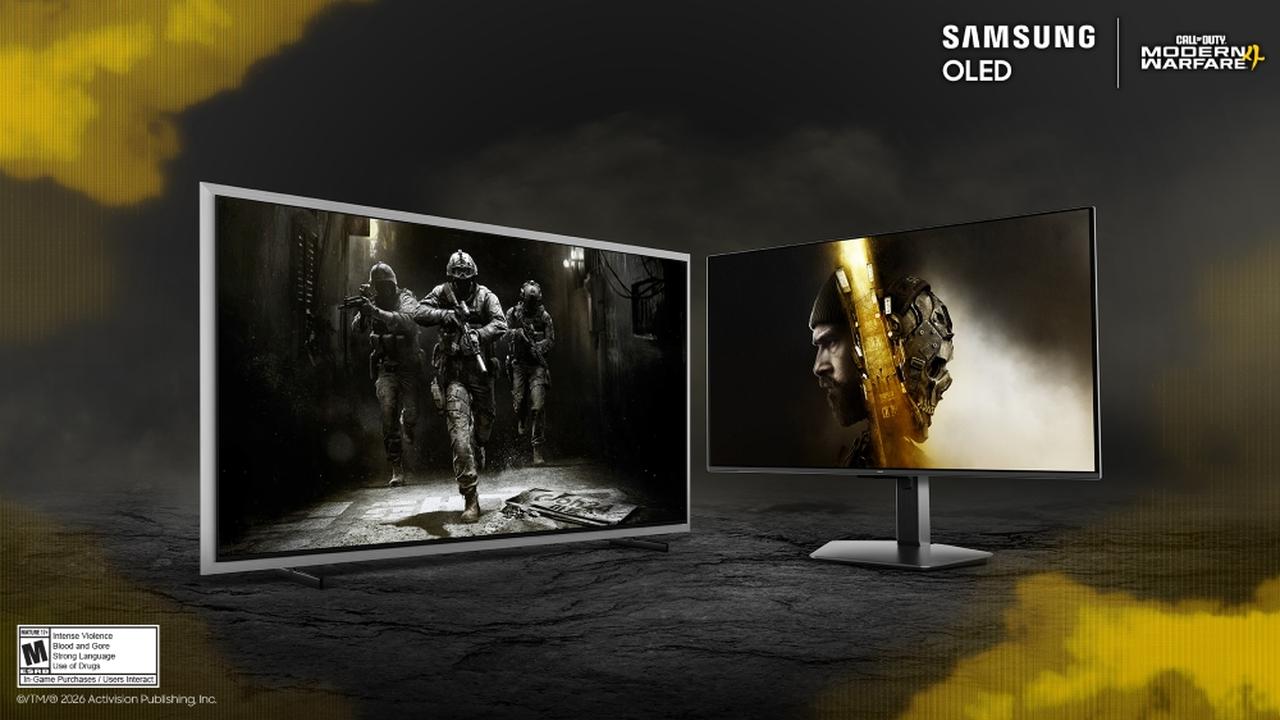 Samsung OLED TV and Odyssey monitor displaying Call of Duty: Modern Warfare 4 artwork