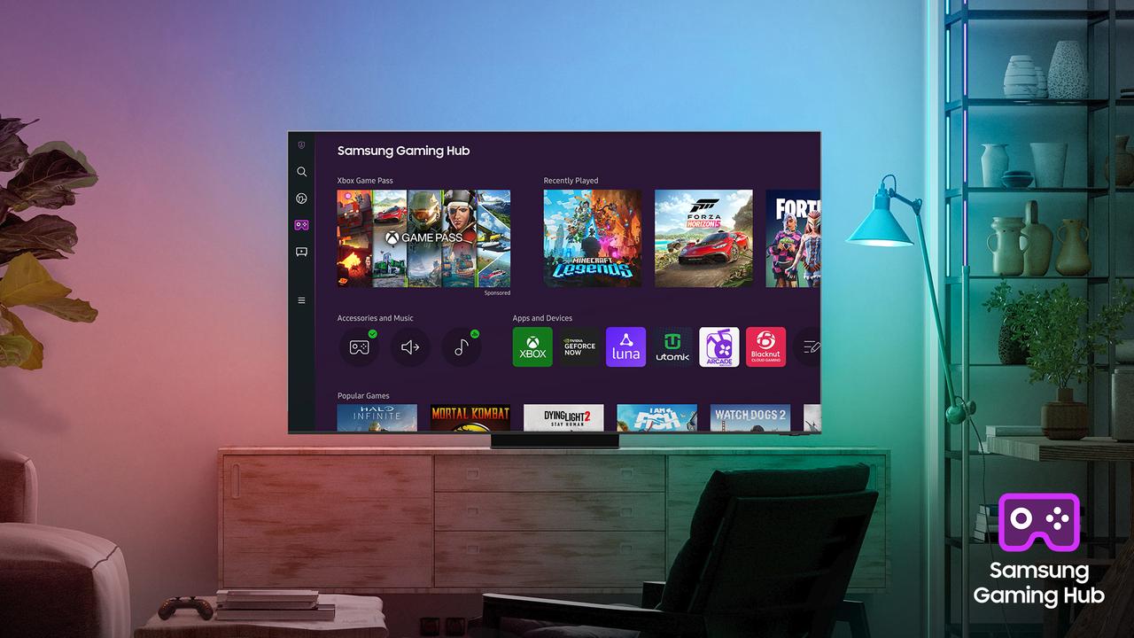 Samsung Gaming Hub displayed on a Samsung Smart TV in a living room