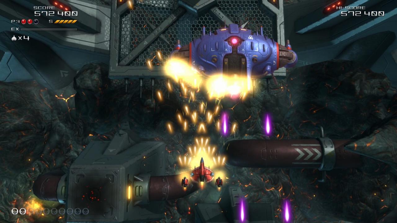 Javelion firing at a large enemy in a detailed 3D environment in Truxton Extreme.