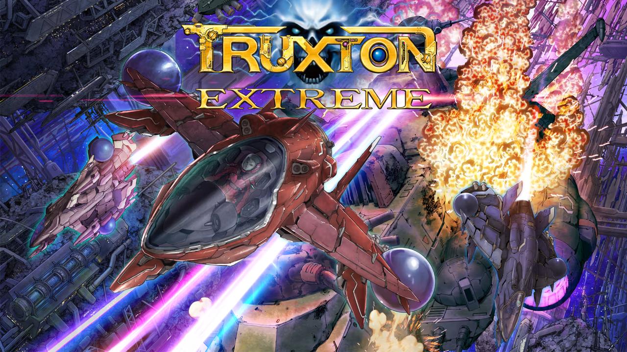 Truxton Extreme key art showing the Javelion flying through explosions and enemy ships.