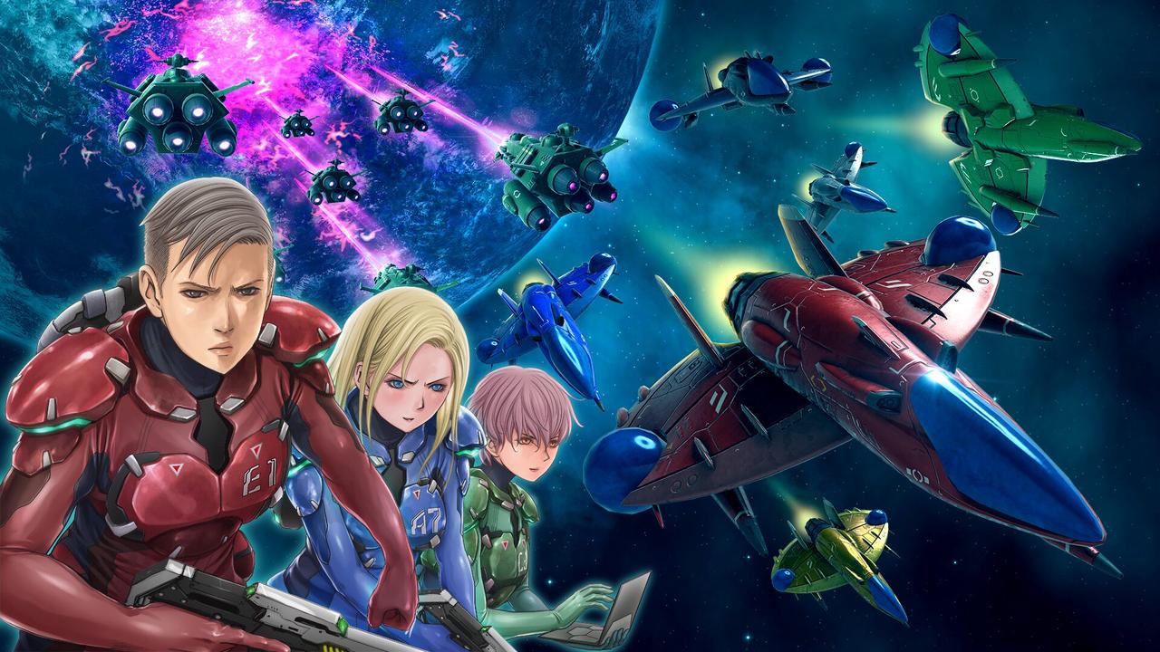 Ash, Bergamot, and Cyrilla with several spacecraft during the Geranium fleet invasion in Truxton Extreme.