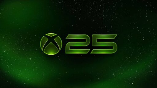 XBOX 25th Anniversary logo against a green and black star-filled background.
