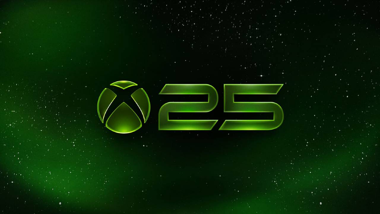 XBOX 25th Anniversary logo against a green and black star-filled background.