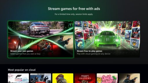 XBOX interface showing options to stream games for free with ads.