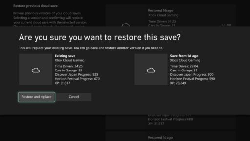 XBOX confirmation screen for restoring an earlier cloud save version.
