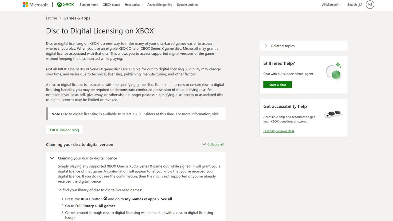 Screenshot of the XBOX Support Disc to Digital Licensing on XBOX page