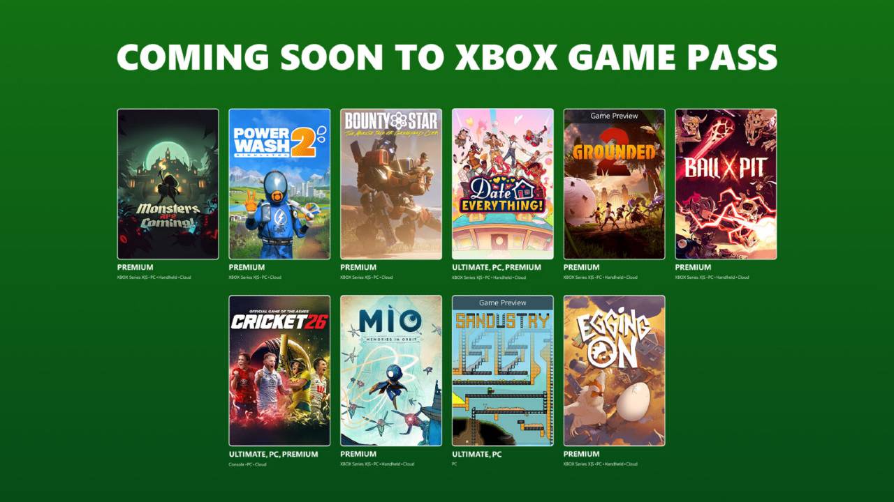 XBOX Game Pass August 2026 Wave 1 lineup featuring Cricket 26, Date Everything!, Grounded 2, and other games.
