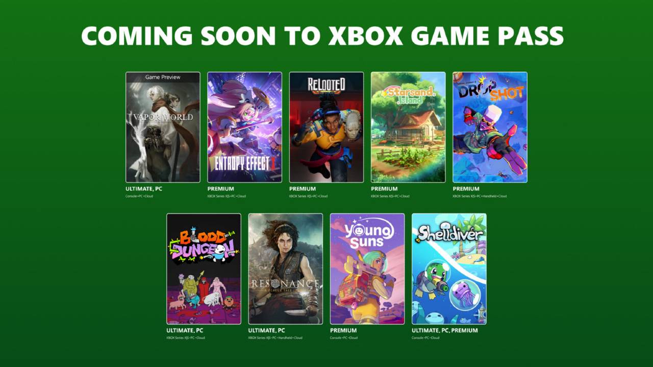 XBOX Game Pass August 2026 Wave 2 artwork showing Resonance: A Plague Tale Legacy, Blood Dungeon, Young Suns, and other upcoming games.