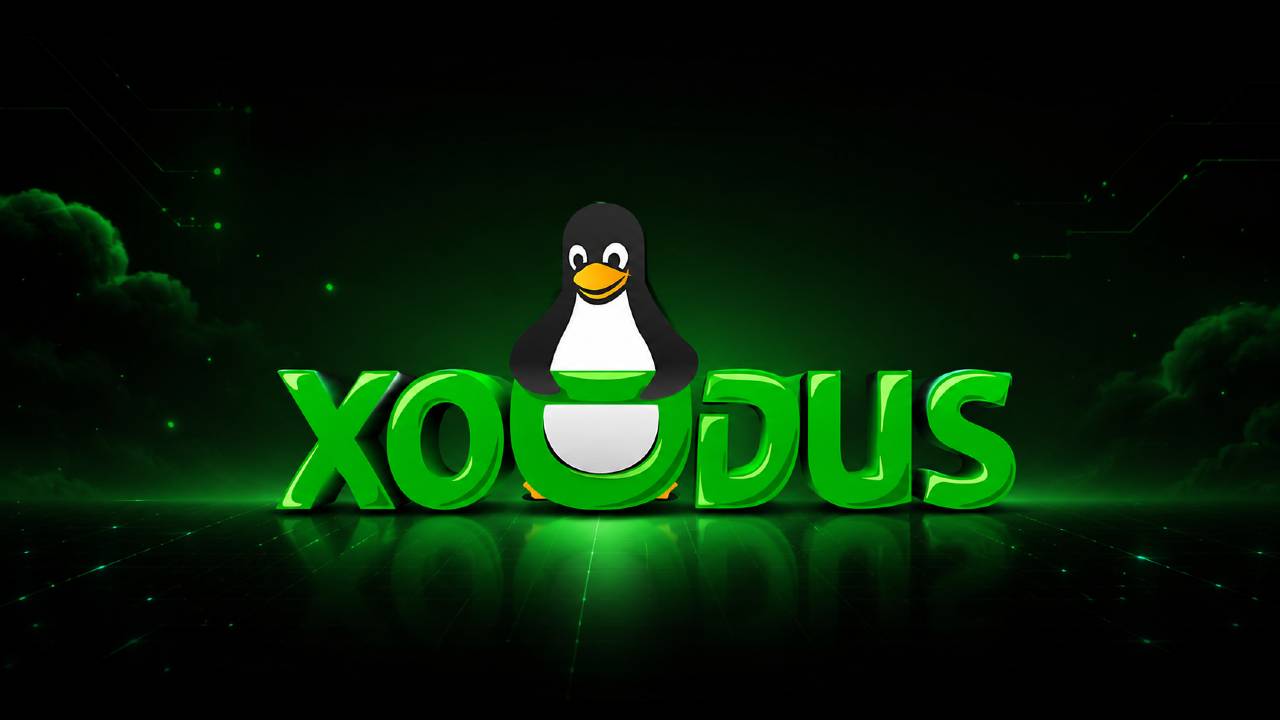 Xodus logo with the Linux Tux mascot on a dark green technology background.