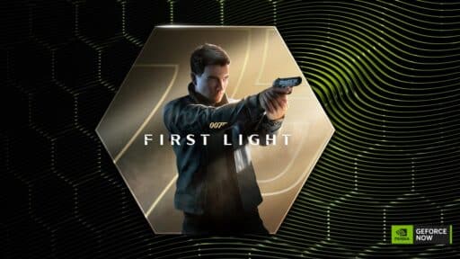 007 First Light artwork showing the game’s protagonist aiming a pistol with GeForce NOW branding.