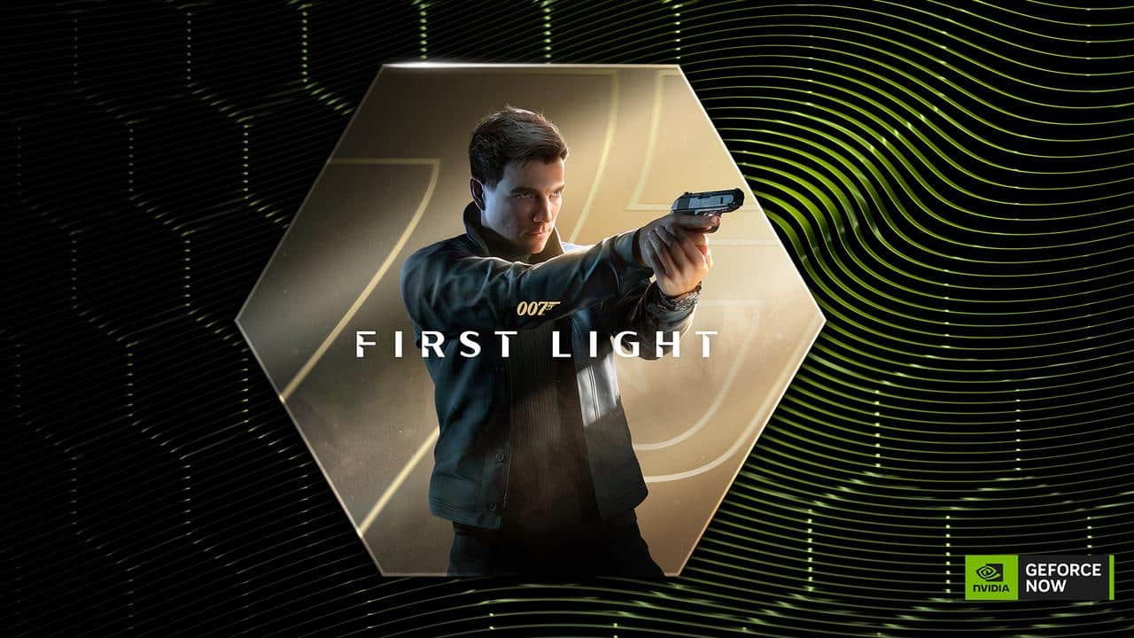 007 First Light artwork showing the game’s protagonist aiming a pistol with GeForce NOW branding.