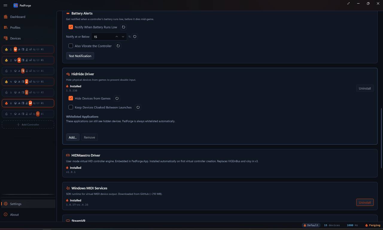 PadForge settings showing HIDMaestro and HidHide driver options.