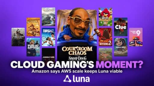 Amazon Luna promotional artwork with game covers and the text “Cloud Gaming’s Moment?” and “Amazon says AWS scale keeps Luna viable.”