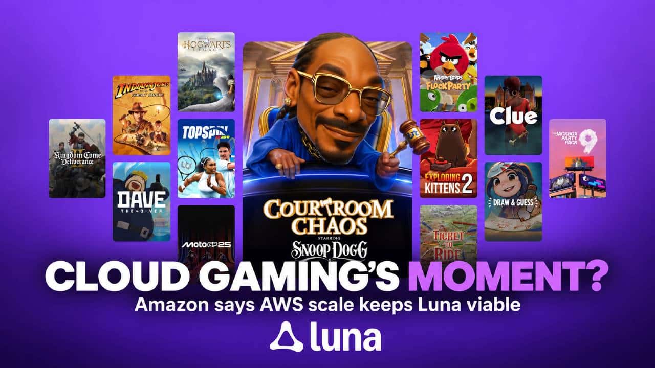 Amazon Luna promotional artwork with game covers and the text “Cloud Gaming’s Moment?” and “Amazon says AWS scale keeps Luna viable.”