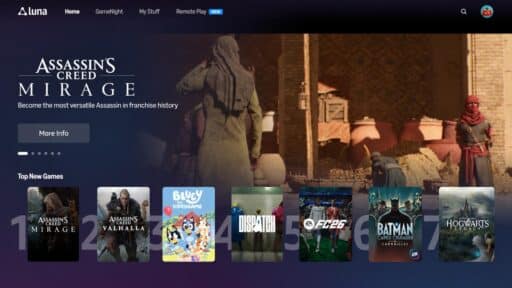 Amazon Luna home screen showing Assassin’s Creed Mirage and other games in the cloud gaming catalogue.