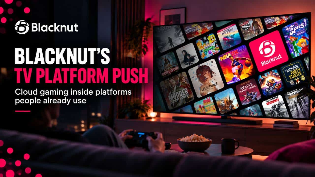 Blacknut feature image showing cloud gaming on a Smart TV with the headline Blacknut’s TV Platform Push.