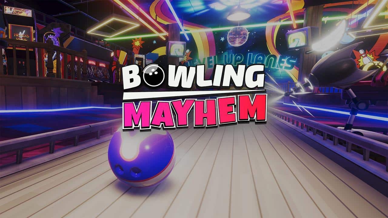 Bowling Mayhem key art showing a bowling ball on a neon bowling lane with the game logo.