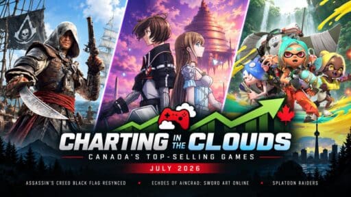 Charting in the Clouds July 2026 graphic featuring Assassin’s Creed Black Flag Resynced, Echoes of Aincrad: Sword Art Online, and Splatoon Raiders.