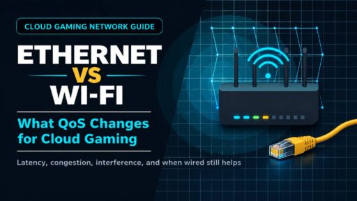 Graphic comparing Ethernet and Wi-Fi for cloud gaming, with a wireless router, Wi-Fi signal, Ethernet cable, and QoS text.
