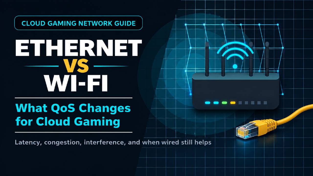 Graphic comparing Ethernet and Wi-Fi for cloud gaming, with a wireless router, Wi-Fi signal, Ethernet cable, and QoS text.
