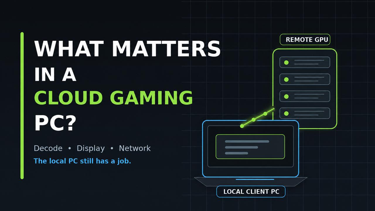 Graphic showing a local PC connected to a remote GPU with text highlighting decode, display, and network requirements.
