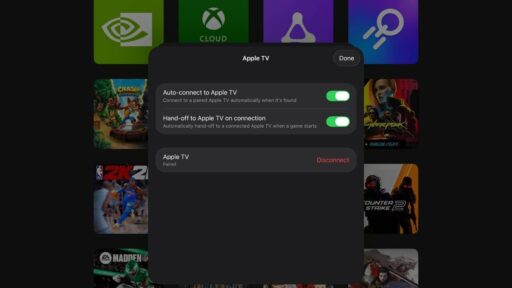CloudGear Apple TV connection screen over cloud gaming service and game icons