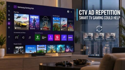 Smart TV displaying a gaming hub interface beside repeated sponsored ads illustrating CTV ad repetition.