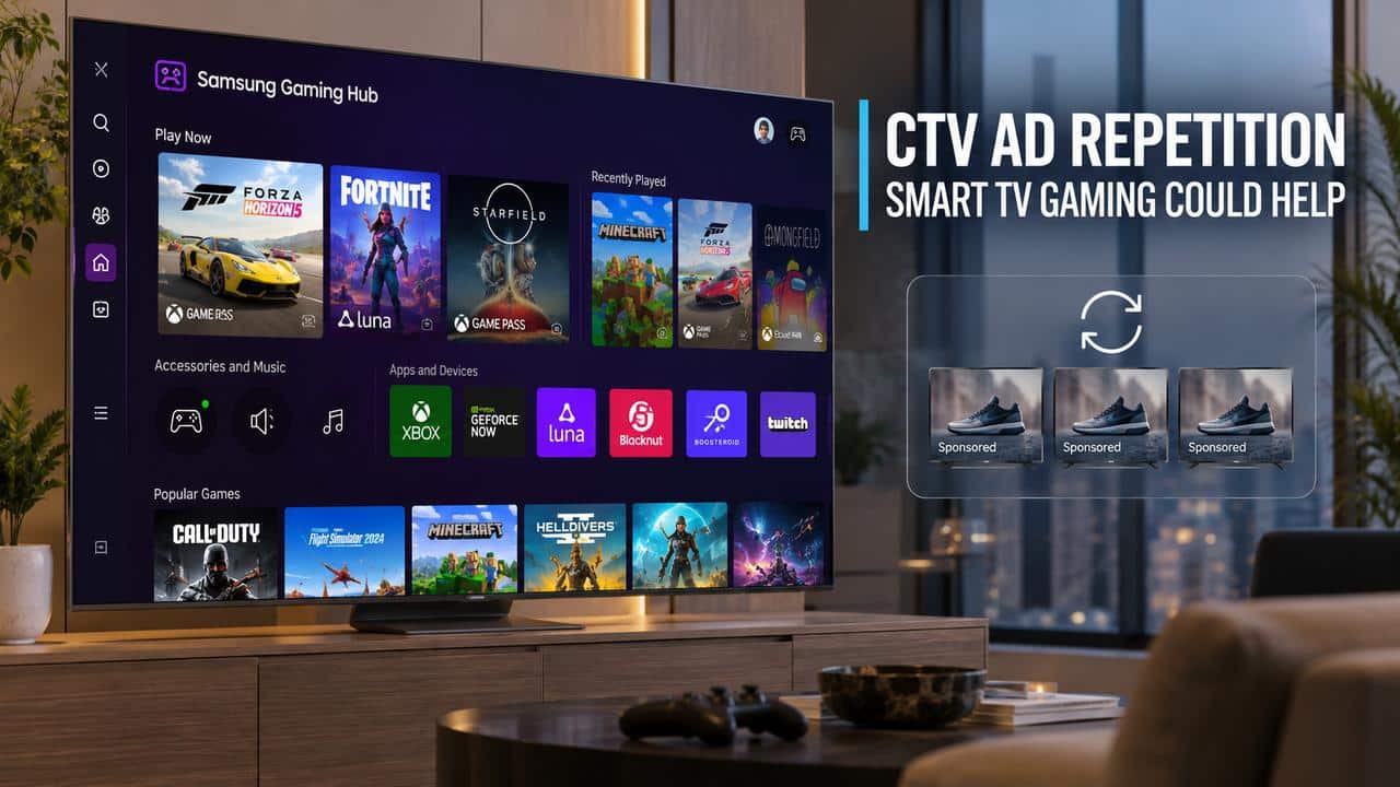 Smart TV displaying a gaming hub interface beside repeated sponsored ads illustrating CTV ad repetition.