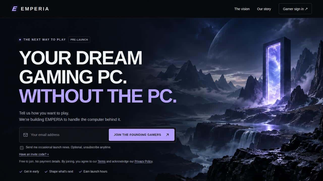EMPERIA homepage showing the Founding Gamers launch.