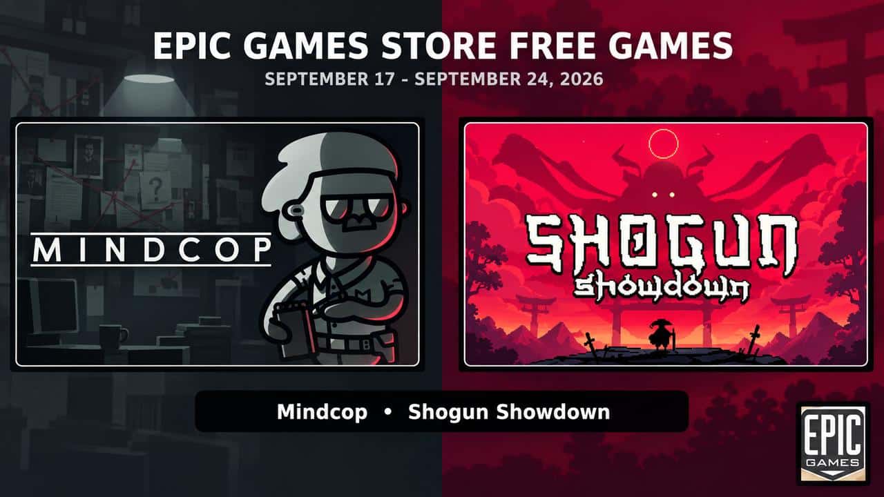 Epic Games Store Free Games feature image for Mindcop and Shogun Showdown, free September 17 to September 24, 2026.