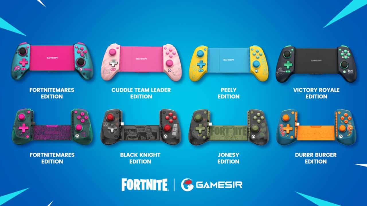 GameSir Fortnite mobile controller collection featuring multiple Fortnite-themed G8 Plus and X5 Lite controller editions.