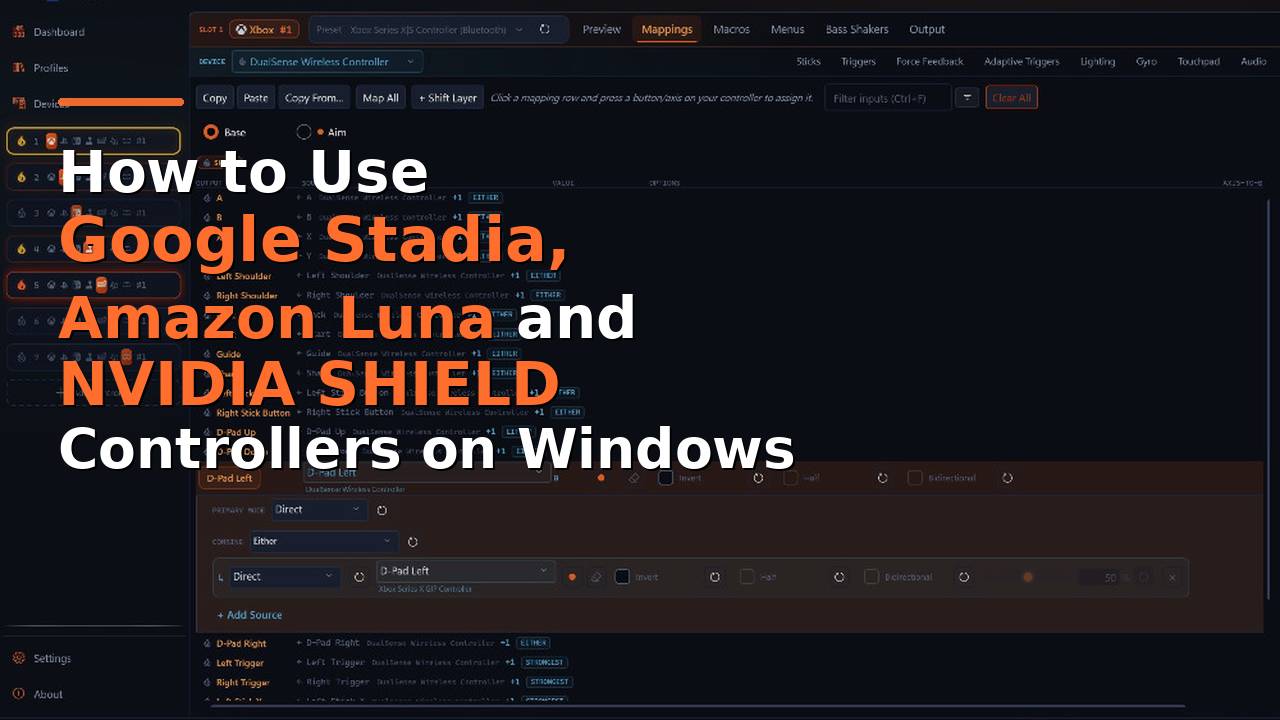 PadForge controller mapping interface with text about using Google Stadia, Amazon Luna and NVIDIA SHIELD controllers on Windows.