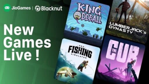 JioGames Cloud new games including The Cub, King Oddball, PRO FISHING SIMULATOR, and Lumberjack’s Dynasty