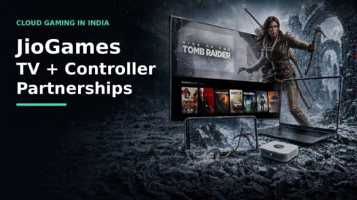 JioGames cloud gaming displayed across a TV, laptop and mobile device with text reading TV + Controller Partnerships.