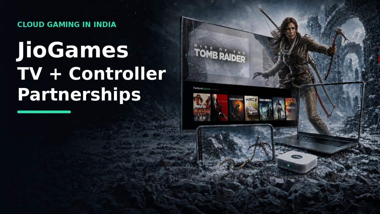JioGames cloud gaming displayed across a TV, laptop and mobile device with text reading TV + Controller Partnerships.