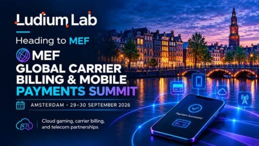 Ludium Lab MEF Global Carrier Billing & Mobile Payments Summit 2026 graphic with Amsterdam and a smartphone payment display.