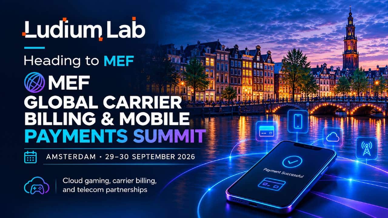 Ludium Lab MEF Global Carrier Billing & Mobile Payments Summit 2026 graphic with Amsterdam and a smartphone payment display.