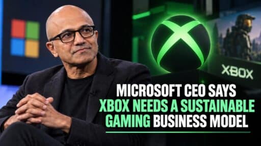 Satya Nadella beside an XBOX logo with text about a sustainable gaming business model.